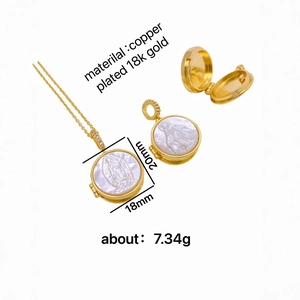 18K gold plated copper locket necklace with Virgin Mary mother of pearl relief