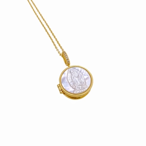 18K gold plated Guadalupe Locket necklace with white mother of pearl and zircon details
