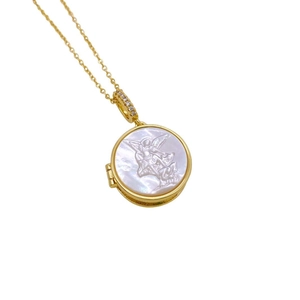18K gold plated locket necklace featuring Archangel Michael on mother of pearl pendant