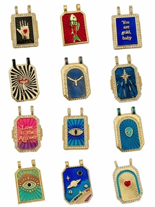 Detail view of colorful tarot card pendants with enamel inlay and gold zircon edging