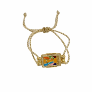 Bracelet tressé réglable bohème avec breloque soleil en émail doré brillant