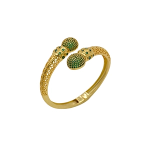 Vergoldetes Armband mit grünen Zirkonia-Kugeln und filigranem, hohlem geometrischem Muster