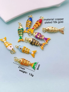 Detail of 18K gold plated copper fish pendant with colorful enamel for DIY jewelry