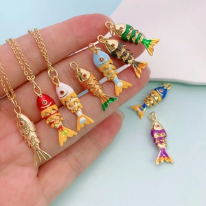 Colorful Enamel Koi Fish Pendant Necklace For Women 18K Gold Plated Copper Movable Animal Pendant Fashion Ocean Jewelry Gift