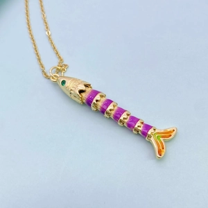 Articulated gold fish necklace with purple enamel and ocean series nautical design