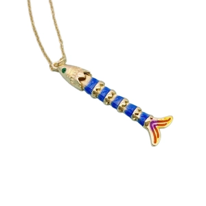 Colorful ocean style goldfish necklace with blue enamel and articulated gold metal body