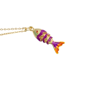 Articulated koi fish pendant necklace with purple and orange enamel on gold-tone chain