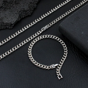 Polished silver stainless steel Cuban chain necklace and bracelet set for men