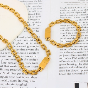 Minimalist gold plated stainless steel rectangle link chain necklace and bracelet jewelry set