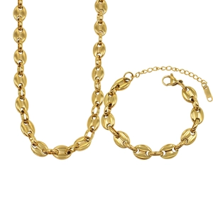 Poliertes Set aus Kaffeebohnen-Gliederkette in Gold mit Karabiner und Herzanhänger