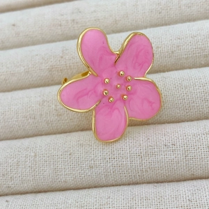 Elegant pink camellia flower ring with gold plating and enamel finish for women