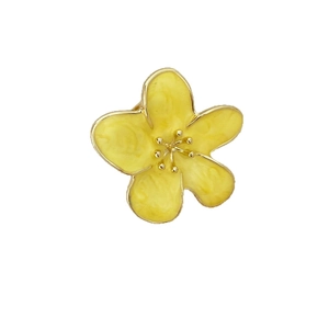 Elegant yellow camellia flower ring with gold metal edging and enamel petals