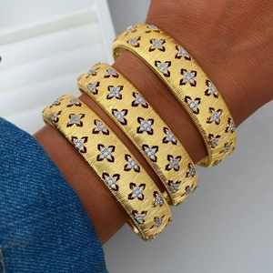 Vintage Brushed Gold Cuff Bracelet And Wide Open Ring With Zirconia Clover Star Pattern Luxury Jewelry For Women Gift