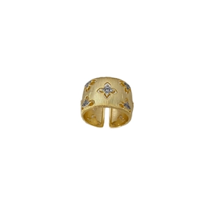 Vintage two-tone brushed wide cuff bracelet with cutout clover flowers and diamond accents