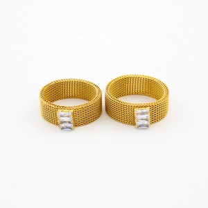 Golden mesh woven ring with three rectangular white zircons for men and women