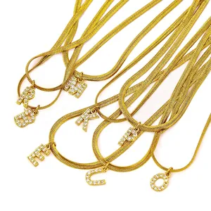 Women Stainless Steel 26 Alphabet Pendant Necklace Gold Plated Zirconia Inlaid Letter Snake Bone Chain Choker Jewelry