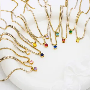 Women's Gold Plated Stainless Steel Birthstone Pendant Necklace Zirconia Tennis Chain Geometric Jewelry Birthday Gift For Her