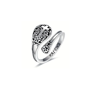 Vintage silver adjustable open ring with 3D embossed flowers and engraved FAITH cross