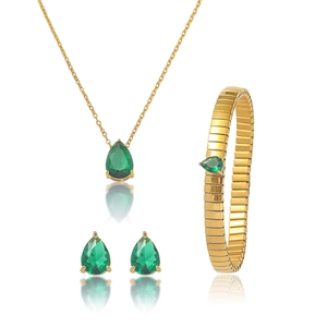 Parure de bijoux vert émeraude avec collier boucles d'oreilles et bracelet tubogas doré