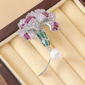 Exquisite carnation flower brooch with pink rubies and large freshwater pearl