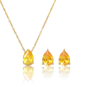 Vue détaillée du coffret collier et boucles d'oreilles en zircon jaune taille poire doré