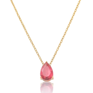 Gros plan d'un collier en or élégant orné d'un zircon rose taille poire serti trois griffes
