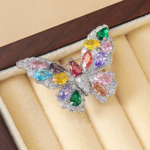 Exquisite silver butterfly brooch with multicolored zircons in a premium jewelry box