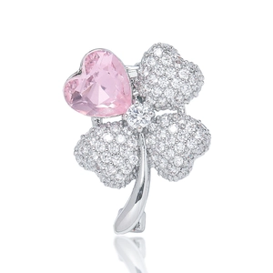 Elegant Copper Zirconia Four Leaf Clover Brooch Pink Heart Crystal Silver Plated Pin For Women Fashion Jewelry Gift