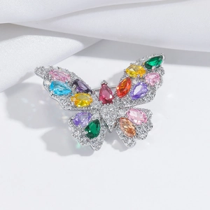 Exquisite butterfly brooch in silver with colorful zircon and micro-set crystals