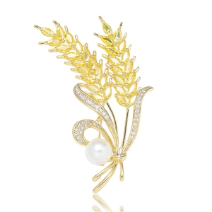 Elegant Gold Plated Copper Wheat Ear Brooch For Women With Yellow Zirconia And Simulated Artificial Pearl Fashion Suit Corsage Pin