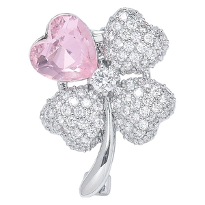 Elegant four-leaf clover brooch with pink heart zircon and silver finish on white background