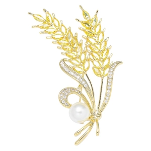 Golden wheat stalk brooch with yellow zircon and round pearl for women suit coat