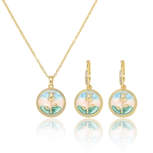 Elegant gold necklace and earrings set with rose flower pendant and gradient enamel