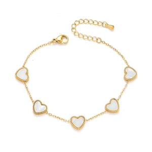 Golden titanium steel bracelet featuring five white faux mother-of-pearl heart charms