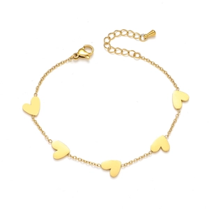 Adjustable golden stainless steel bracelet featuring five heart charms on a sleek O-chain