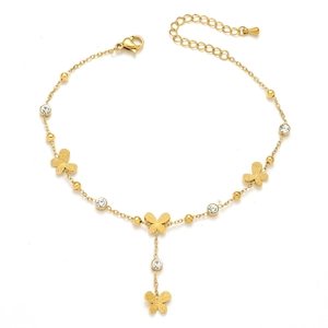 Goldenes Fußkettchen mit Schmetterlingen und Zirkonia Steinen, verstellbarer Verschluss