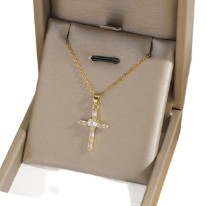 Golden titanium steel cross necklace with heart zircon in elegant gift jewelry box