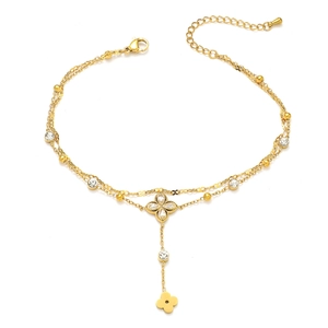 Zweilagiges goldenes Fußkettchen mit Kleeblatt-Anhänger und Zirkonia-Steinen für Damen