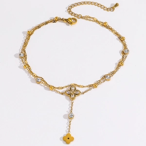 Doppellagiges Gold-Fußkettchen mit Zirkonia-Blumenanhängern für eleganten Strand-Urlaubsstil