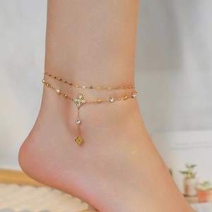 Mode Doppelreihige Edelstahl Blumen Fußkettchen Für Damen Vergoldet Zirkonia Quaste Glück Vierblättriges Kleeblatt Strand Schmuck