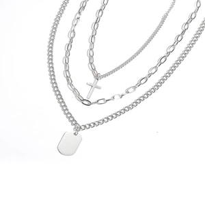 Collar Multicapa de Acero Inoxidable Unisex Con Colgante de Cruz Dog Tag Joyería Estilo Callejero Tono Plateado