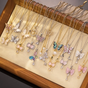 Collar de Colgante de Mariposa Francés Cadena de Acero de Titanio Inoxidable Zirconia Nácar Concha Borla Joyas Mujer