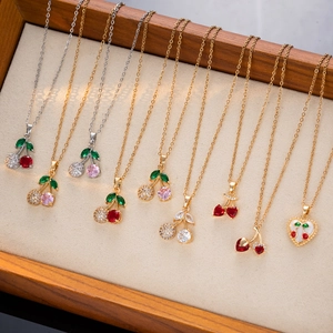 Mode Acier Titane Pendentif Cerise Collier Strass Mignon Chaîne Clavicule Bijoux Pour Femmes