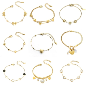 Titanium Steel Heart Pendant Bracelet For Women Gold Plated Shell Look Artificial Pearl Rhinestone Butterfly Elegant Jewelry Gift