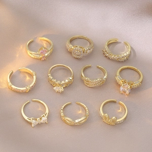 Ensemble de 10 bagues dorées avec nœud et zircone, anneau ouvert réglable pour femme