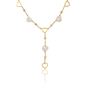 Collier double rang en acier titane doré avec pendentifs cœurs et strass brillants