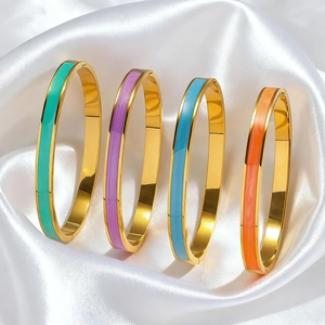 Colorful enamel and sparkling zircon open bangles in mint, lilac, blue and orange finish