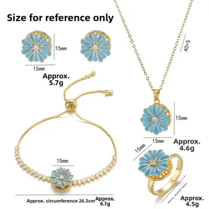 Detailed size and weight specs for blue daisy jewelry set including necklace and earrings