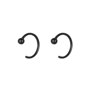 Pair of black ceramic C-shaped hoop earrings with smooth ball ends and glossy metallic finish