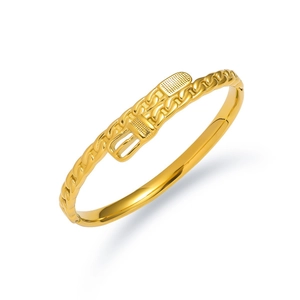 Golden stainless steel cuff bracelet with braided chain texture and belt buckle design
